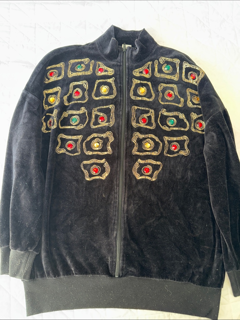RAFAEL Black Velvet Bomber Jacket with Multicolor Jewel Embellishments